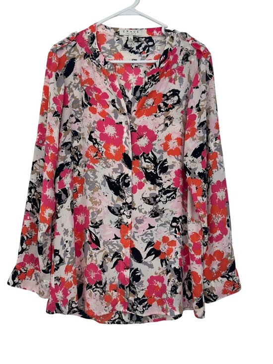 Chaus New York Floral Button-Down Blouse SZ L PinkOrange Lightweight Long Sleeve - Picture 1 of 12